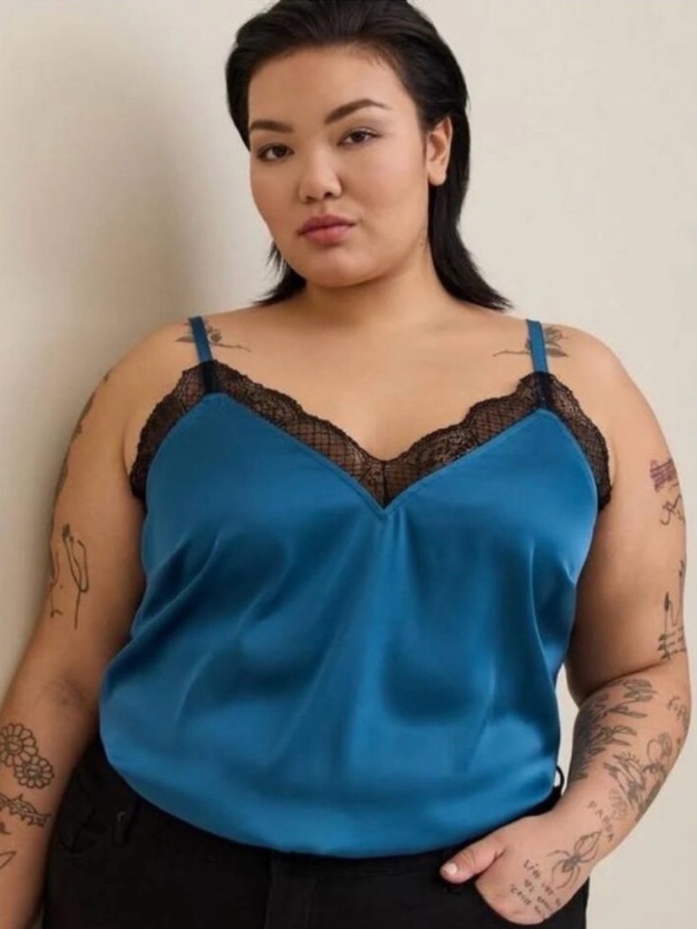 torrid Teal Satin Cami with Black Lace Trim 2